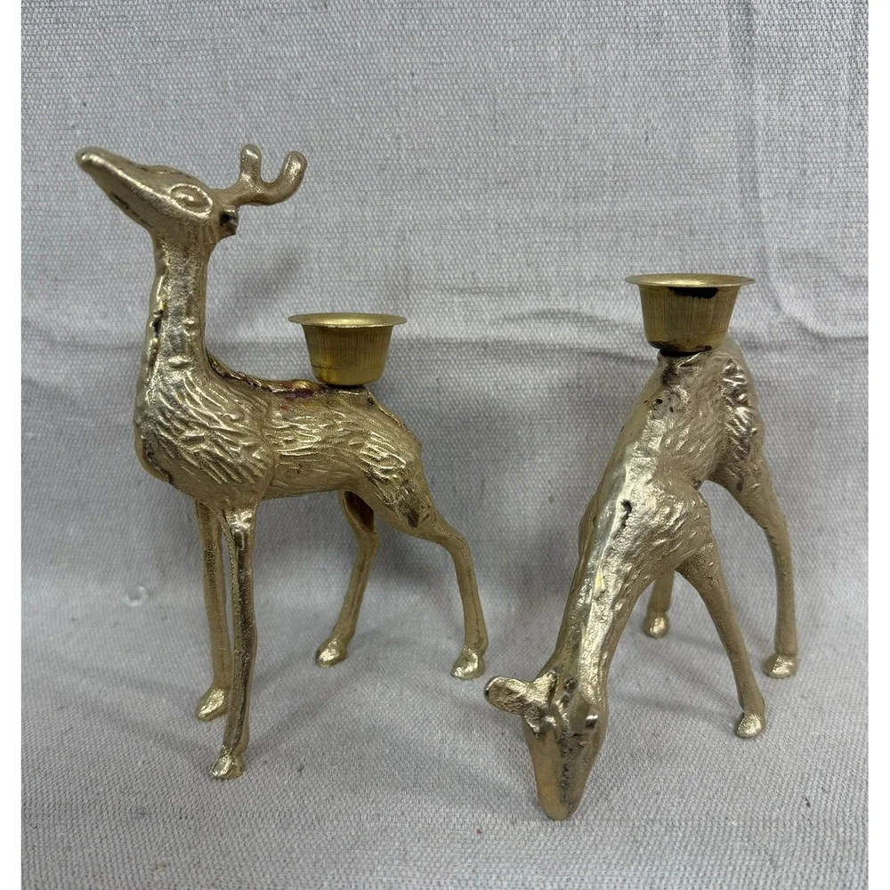 Vintage Brass Deer Candle Holder Set Gold Reindeer Buck Doe Christmas Decor 6in